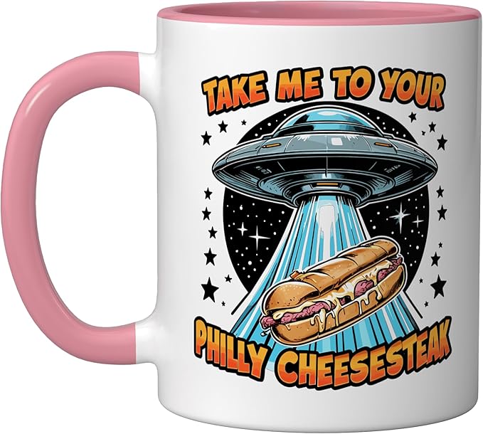 Take Me to Your Philly Cheesesteak UFO Philly Cheesesteak Ceramic Mug, Pink/White
