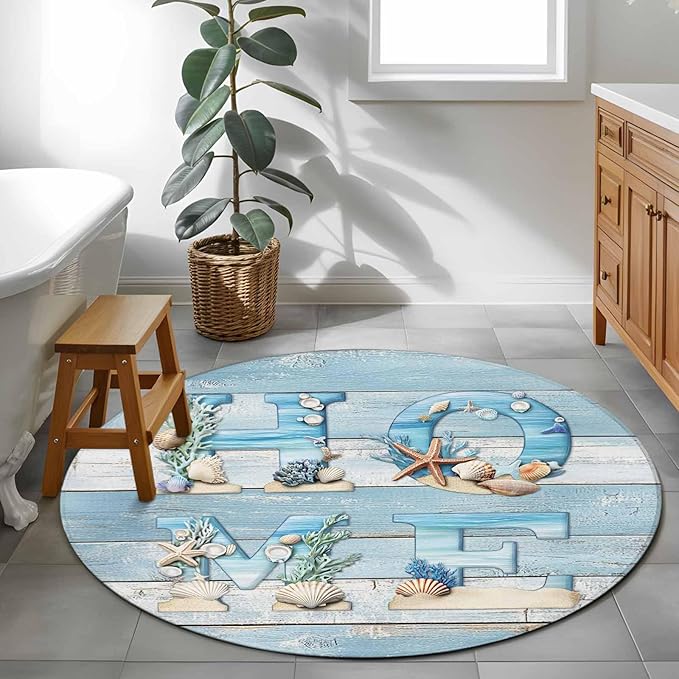 Washable Round Area Rug Summer Ocean Beach Shell Home Quote Circle Rugs Floor Carpet for Living Room Bedroom, Farm Blue Wood Board Soft Non Slip Round Rug 3ft