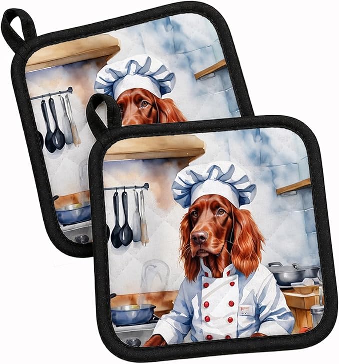 Caroline's Treasures Irish Setter The Chef Pair of Pot Holders Kitchen Heat Resistant Pot Holders Sets Oven Hot Pads for Cooking Baking BBQ, 7 1/2 x 7 1/2