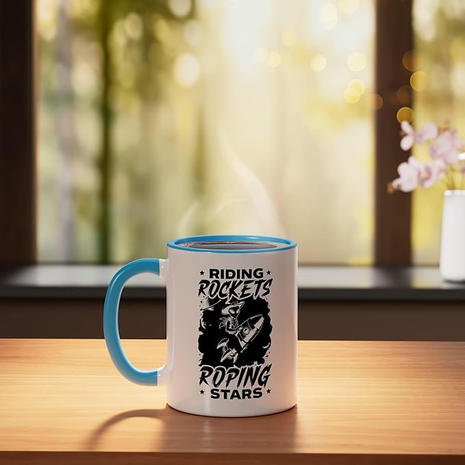 Alien Lover Flying Saucer UFO Extraterrestrial Cowboy Ceramic Mug, Blue/White
