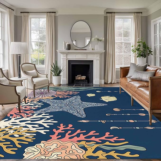 Area Rug 9x12ft, Ocean Starfish Coral Fish Washable Rugs for Living Room Bedroom Rectangle Floor Carpet, Underwater Creature on Navy Blue Soft Non-Slip Area Rugs for Dining Room