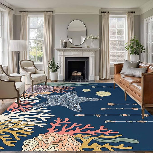 Area Rug 8x10ft, Ocean Starfish Coral Fish Washable Rugs for Living Room Bedroom, Underwater Creature on Navy Blue Soft Non-Slip Area Rugs Rectangle Floor Carpet for Dining Room