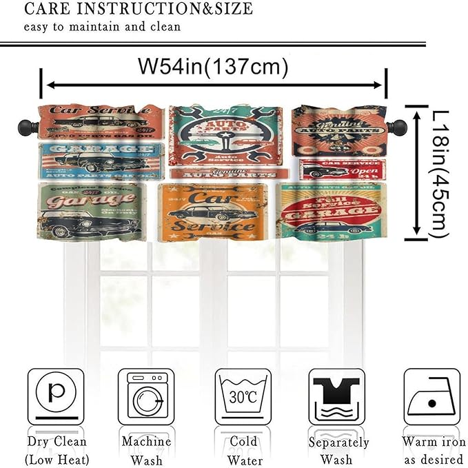 Retro 1950s Valances Curtains Vintage Car Signs Automobile Advertising Repair Vehicle Garage Servicing, Windows Short Curtain Valance for Kitchen Bedroom with Rod Pocket, One Panel 54X18 Inches