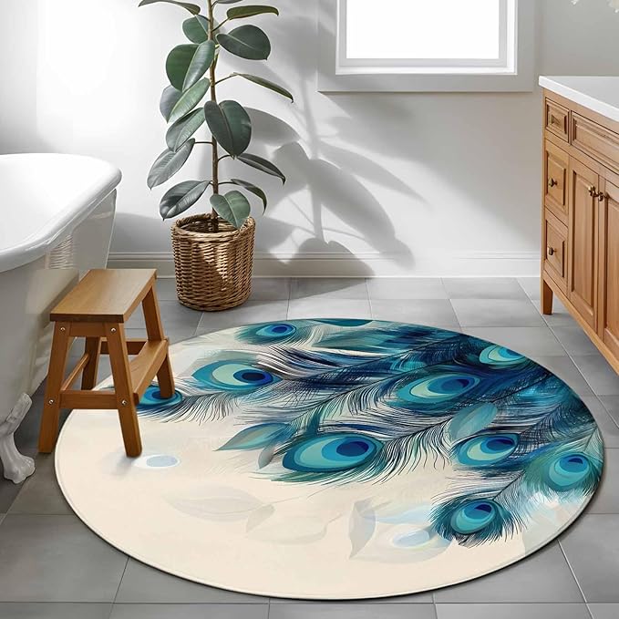 Washable Round Area Rug Abstract Animal Art Peacock Feather Circle Rugs Floor Carpet for Living Room Bedroom, Watercolor Blue Eyes Beige Soft Non Slip Round Rug 3ft