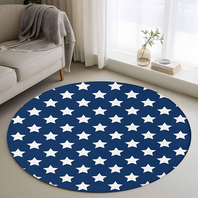 Washable Round Area Rug 4th of July White Star on Navy Blue Circle Rugs Floor Carpet for Living Room Bedroom, Independence Freedom Liberty Soft Non Slip Round Rug 3ft