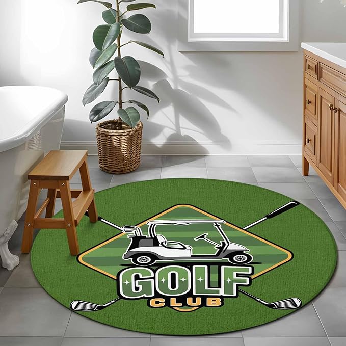 Washable Round Area Rug Golf Club Sports Circle Rugs Floor Carpet for Living Room Bedroom, Green Soft Non Slip Round Rug 4ft