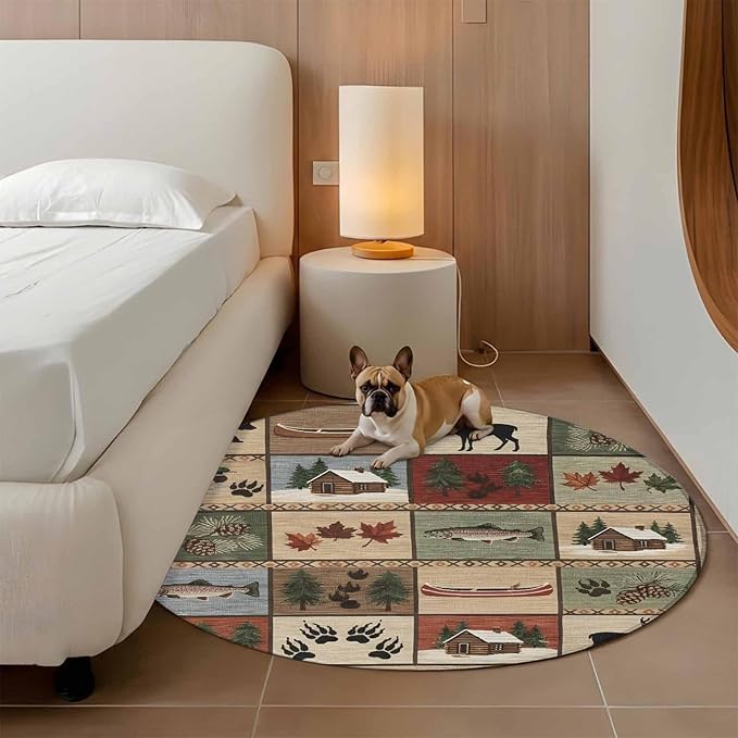 Washable Round Area Rug Vintage Bear Forest Deer Fish Village Circle Rugs Floor Carpet for Living Room Bedroom, Retro Wildlife Themes Soft Non Slip Round Rug 4ft