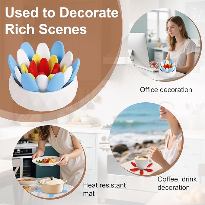 Silicone Succulent Cup Coasters Set of 4, Colorful Trivet Mats, Hot Pads for Pots Pans, Foldable Heat Resistant Coasters with Holder, Multipurpose Kitchen Table Protection (Red Blue White Yellow)