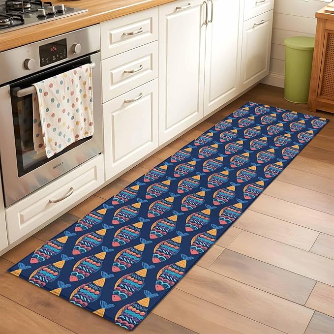 Runner Rug for Bedroom Hallway, Ethnic Style Ocean Fish Kitchen Runner Rugs Area Rug 2x6ft, Watercolor Marine Life on Navy Blue Washable Soft Floor Carpet for Entryway Stair