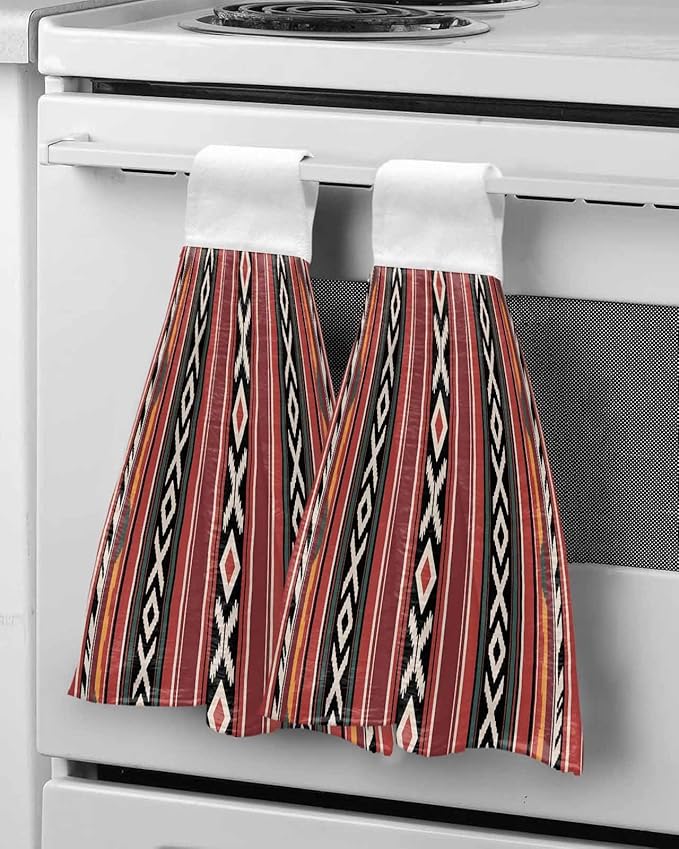 Alandar Home Kitchen Tie Towel Set of 2, Abstract Geometric Style Absorbent Soft Hand Towels for Bathroom Hanging Towels, Red Boho Ethnic Tribal Style Fast Drying Cleaning Cloth with Loop