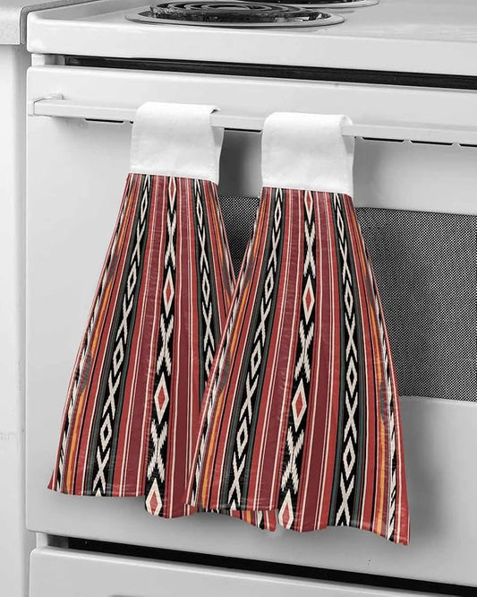 Alandar Home Kitchen Tie Towel Set of 2, Abstract Geometric Style Absorbent Soft Hand Towels for Bathroom Hanging Towels, Red Boho Ethnic Tribal Style Fast Drying Cleaning Cloth with Loop