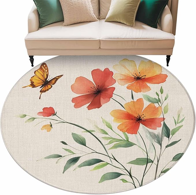 Washable Round Area Rug Summer Watercolor Flower Butterfly Circle Rugs Floor Carpet for Living Room Bedroom, Green Leaves Retro Linen Soft Non Slip Round Rug 5ft