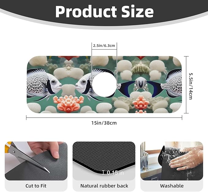 White Tropical Fish Printed Faucet Absorbent mat, Suitable for bathrooms, Kitchens, and Other Sink Areas.