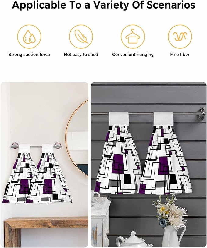 Alandar Home Kitchen Tie Towel Set of 1, Abstract Geometric Lines Art Absorbent Soft Hand Towels for Bathroom Hanging Towels, Purple Black Color Block Fast Drying Cleaning Cloth with Loop