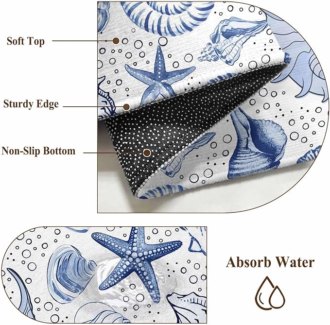 Runner Rug for Bedroom Hallway, Navy Blue Starfish Conch Shell Seamless Kitchen Runner Rugs Area Rug 2x6ft, Summer Ocean Bubbles Washable Soft Floor Carpet for Entryway Stair