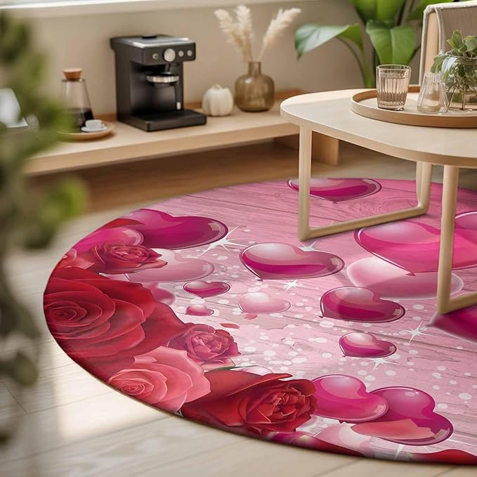 Washable Round Area Rug Mother's Day Love Balloon Rose Circle Rugs Floor Carpet for Living Room Bedroom, Gradient Pink Wood Grain Soft Non Slip Round Rug 3ft