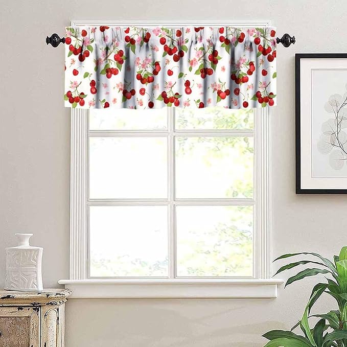 Cherry Floral Curtain Valance, Red Fruit Pink Flower Blossom Spring Decorative Short Window Treatment for Kitchen Dining Bedroom Living Room Home Decor, 54x18Inch