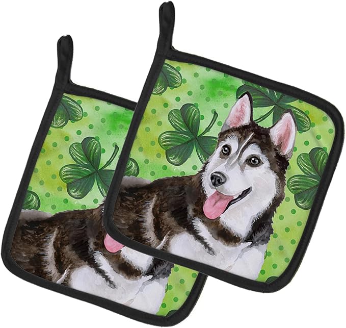 Caroline's Treasures BB9886PTHD Siberian Husky #2 St Patrick's Pair of Pot Holders, Green Kitchen Heat Resistant Pot Holders Sets Oven Hot Pads for Cooking Baking BBQ, 7 1/2 x 7 1/2
