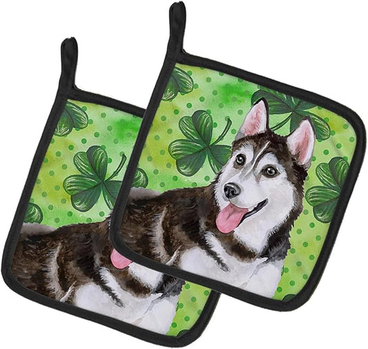 Caroline's Treasures BB9886PTHD Siberian Husky #2 St Patrick's Pair of Pot Holders, Green Kitchen Heat Resistant Pot Holders Sets Oven Hot Pads for Cooking Baking BBQ, 7 1/2 x 7 1/2