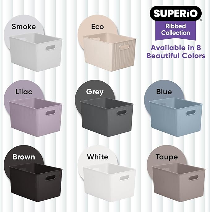 Superio Ribbed Collection - Decorative Plastic Basket Open Home Storage Bins Organizer, Blue Containers for Organizing Closet Storage Bins for Shelves (Bin with Lid- Extra Large (22 Liter), 1 Pack)