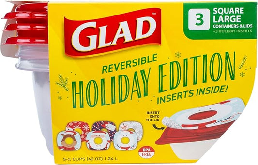 Glad GladWare Holiday Food Storage Containers with Reversible Gift Tags, Large Square BPA Free Plastic for Holiday Cookies and Gifting, Microwave Freezer Dishwasher Safe, 42 Oz, 3 Count