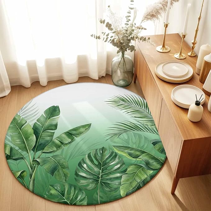 Washable Round Area Rug Botanical Rainforest Plants Circle Rugs Floor Carpet for Living Room Bedroom, Watercolor Tropical Banana Leaves Soft Non Slip Round Rug 5ft