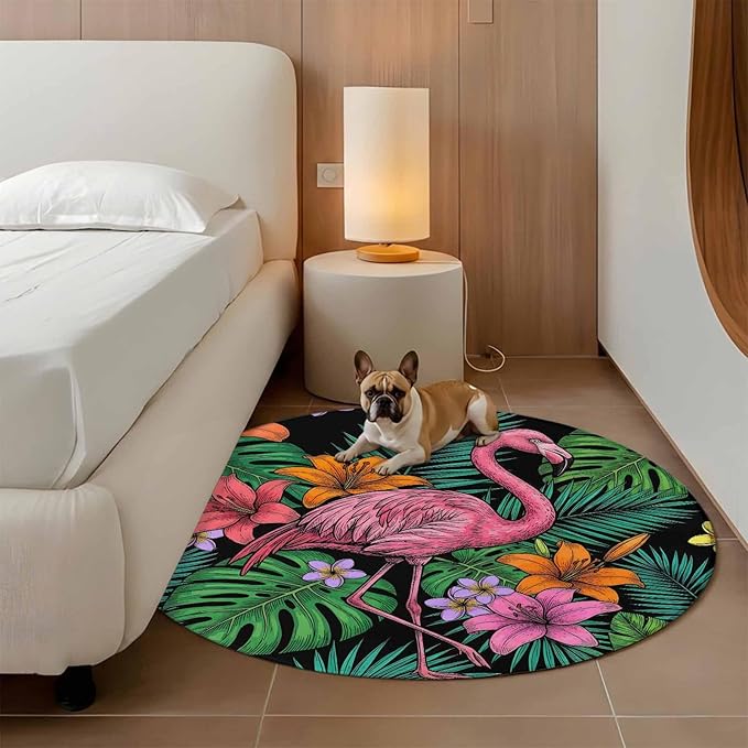Washable Round Area Rug Pink Flamingos Tropical Leaf Circle Rugs Floor Carpet for Living Room Bedroom, Colorful Lily Blossom Floral Soft Non Slip Round Rug 5ft