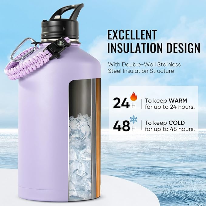 Fijinhom Gallon Water Bottle with 2 Lids (Straw & Spout), 304 Stainless Steel Water Jug with Handle and Wide Mouth, 1 Gallon Vacuum Double Walled Jug for Sports, Outdoors, Purple, 128 oz
