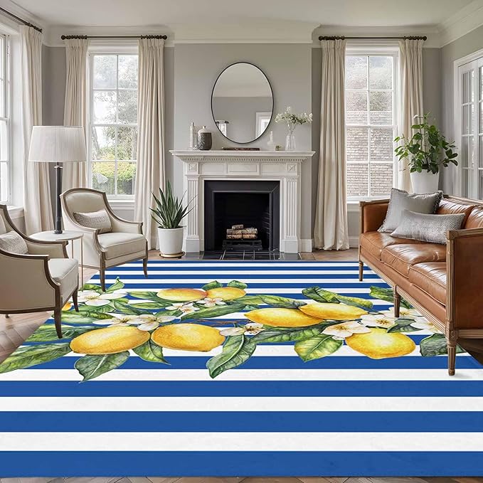Area Rug 6x9ft, Summer Lemon Green Leaves Watercolor Washable Rugs for Living Room Bedroom, Blue Stripe Soft Non-Slip Area Rugs Rectangle Floor Carpet for Dining Room
