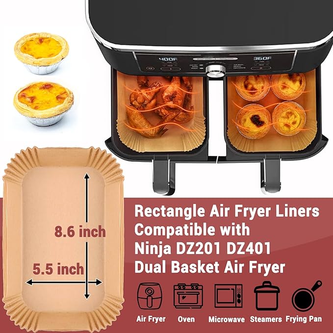 200PCS Air Fryer Liners for Ninja, 8.6 x 5.5 inch Disposable Air Fryer Paper Dual Basket, Non-Stick Unbleached Parchment Paper Baking Accessories Liners for Natural Ninja DZ201 DZ401