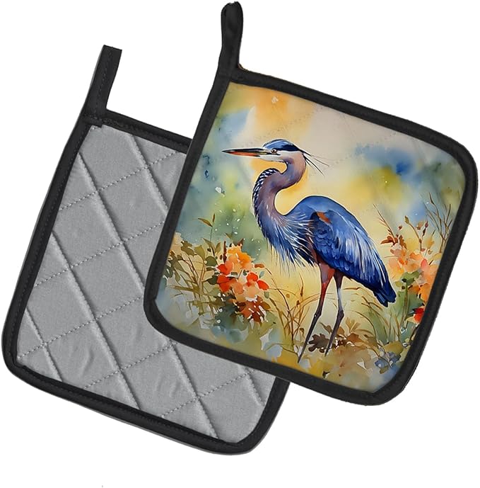Caroline's Treasures Blue Heron Pair of Pot Holders Kitchen Heat Resistant Pot Holders Sets Oven Hot Pads for Cooking Baking BBQ, 7 1/2 x 7 1/2