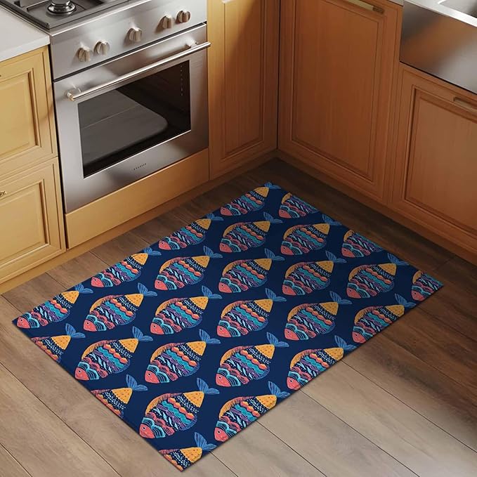 Area Rug 2x3ft, Ethnic Style Ocean Fish Washable Rugs for Living Room Bedroom, Watercolor Marine Life on Navy Blue Soft Non-Slip Area Rugs Rectangle Floor Carpet for Dining Room