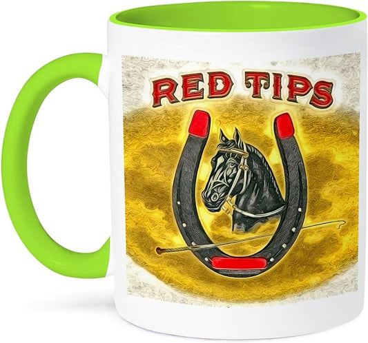 3dRose Red Tips Digitally Altered Vintage Horse Label 11oz Two-Tone Green Mug