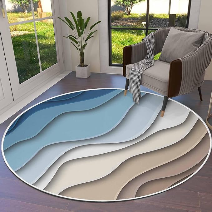 Round Area Rug,Blue Gradient Abstract Geometric Circle Living Room Rug Non-Slip Rugs Indoor Carpet,Water Ripple Stripe Modern Art Soft Comfort Rugs for Bedroom KidsRoom Nursery