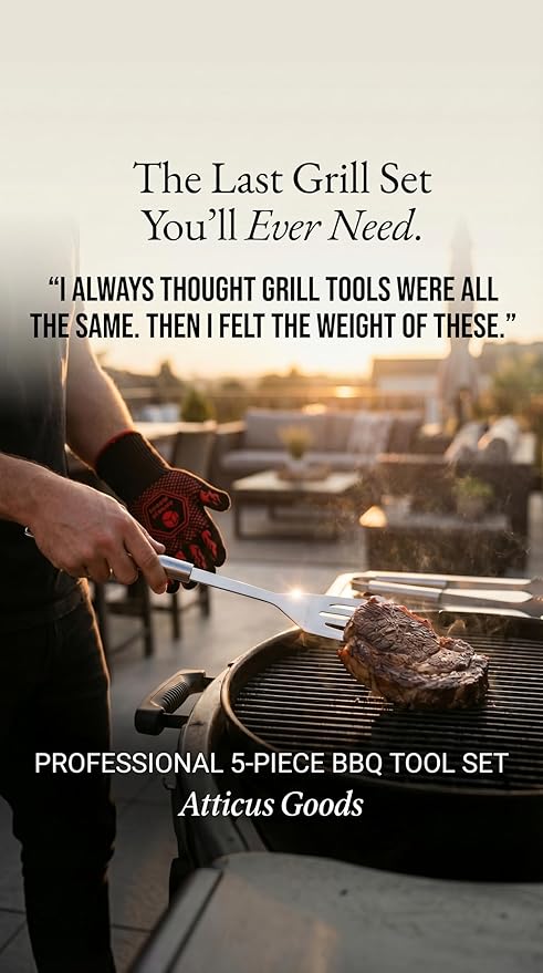 Stainless Steel Grill Set, 5 Piece Heavy Duty Barbecue Tools, BBQ Grilling Accessories Grill Kit with Tongs, Spatula, Fork, Gloves and Zippered Carry Bag