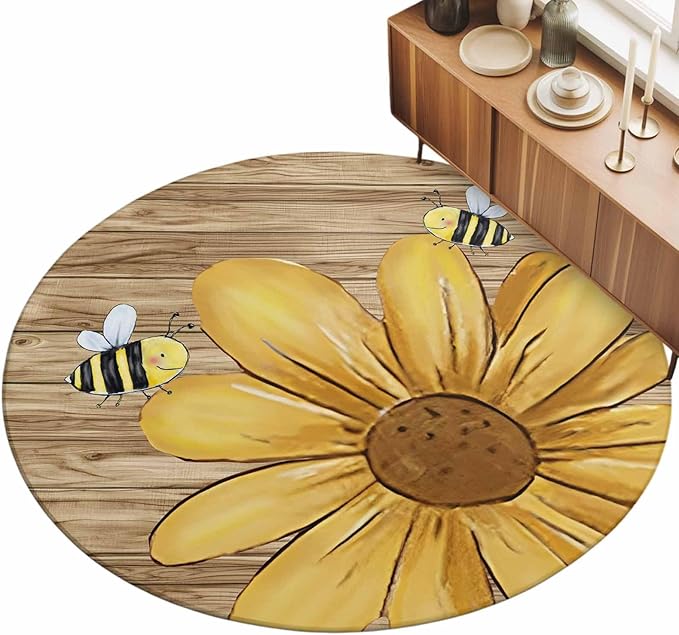 Washable Round Area Rug Summer Yellow Bee Blossom Flower Circle Rugs Floor Carpet for Living Room Bedroom, Retro Rustic Brown Wood Board Soft Non Slip Round Rug 5ft