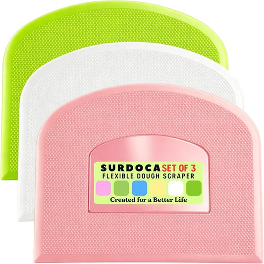 SURDOCA Dough Scraper Bench Scraper - 3P 13x7.9" Plastic Flexible Bowl Scraper, Sharp Edge & Angles Cake Scraper. Non-Slip Bakeware Decorating Tools Sculpting & Modeling Tools - Pink+White+Green