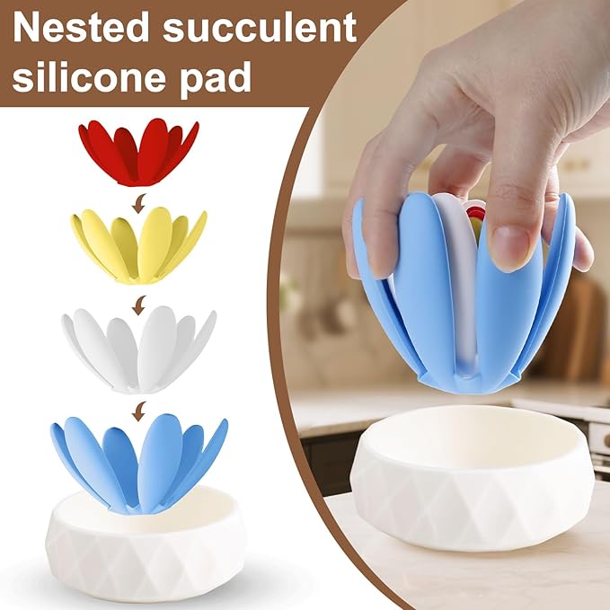 Silicone Succulent Cup Coasters Set of 4, Colorful Trivet Mats, Hot Pads for Pots Pans, Foldable Heat Resistant Coasters with Holder, Multipurpose Kitchen Table Protection (Red Blue White Yellow)
