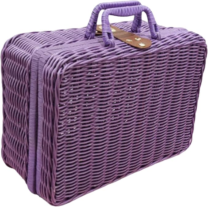 Woven Suitcase Imitation Rattan Storage Basket Gift Box Rustic Picnic Suitcase Handwoven Storage Case for Travelling Bathroom, Violet L