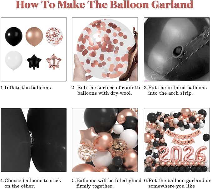 Graduation Decorations Class of 2026: Rose Gold and Black Graduation Balloon Arch Garland Kit and Rose Gold Confetti Balloons Congrats Grad Banner 2026 Foil Balloon Decorations For Grad Party