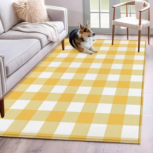 Area Rug 4x6ft, Rustic Country Yellow and White Buffalo Lattice Checked Washable Rugs for Living Room Bedroom, Farm Style Soft Non-Slip Area Rugs Rectangle Floor Carpet for Dining Room