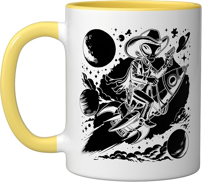Alien Lover Flying Saucer UFO Extraterrestrial Cowboy Ceramic Mug, Yellow/White