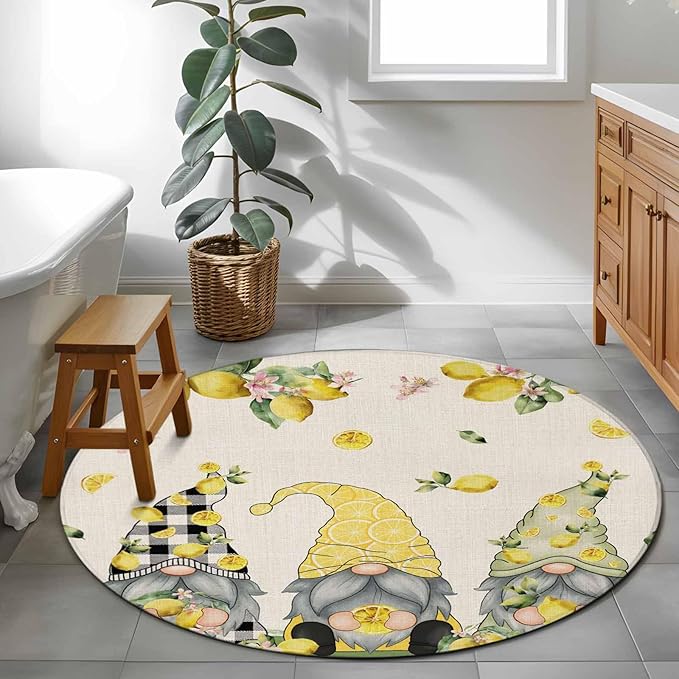 Washable Round Area Rug Summer Gnome with Lemon Circle Rugs Floor Carpet for Living Room Bedroom, Farmhouse Dwarf Fruit on Linen Soft Non Slip Round Rug 4ft