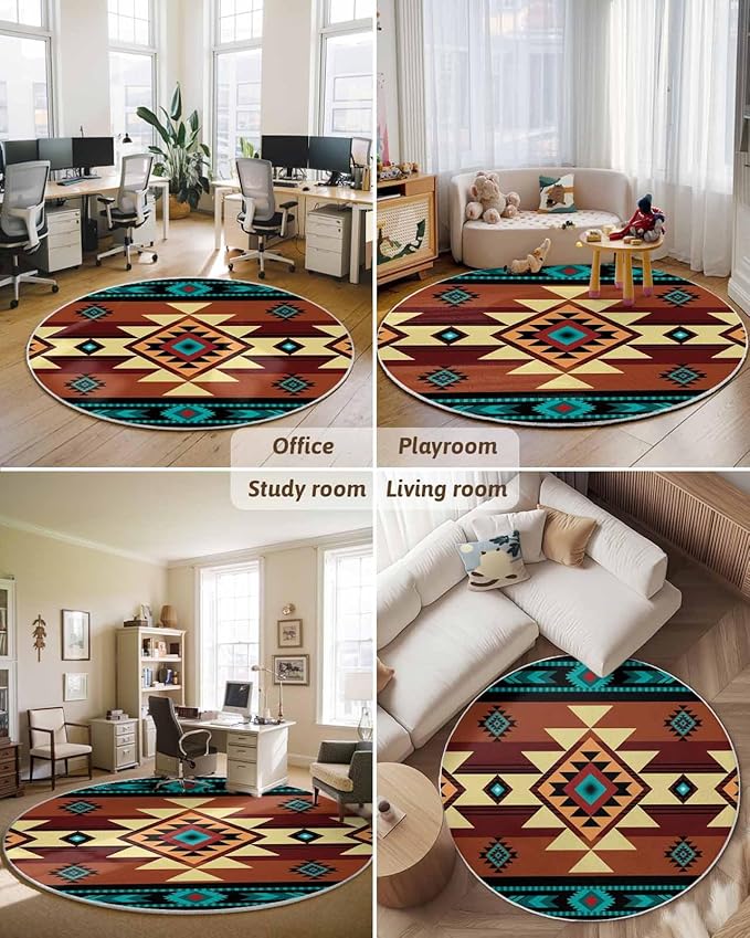 Round Area Rug,Aztec Ethnic Style Color Block Circle Living Room Rug Non-Slip Rugs Indoor Carpet,Abstract Geometric Native American Soft Comfort Rugs for Bedroom KidsRoom Nursery