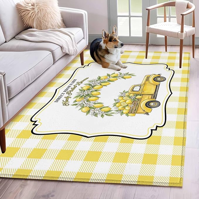 Area Rug 4x6ft, Farm Yellow Truck Lemon Fruit Washable Rugs for Living Room Bedroom, Flower Leaves Buffalo Plaid Soft Non-Slip Area Rugs Rectangle Floor Carpet for Dining Room