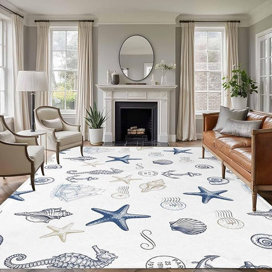 Area Rug 8x10ft, Ocean Starfish Seahorse Shell Conch Washable Rugs for Living Room Bedroom, Nautical Compass Anchor Soft Non-Slip Area Rugs Rectangle Floor Carpet for Dining Room