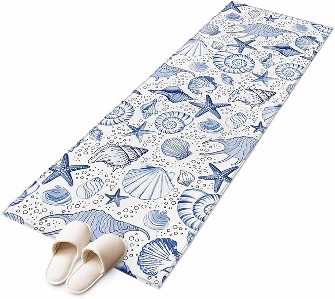 Runner Rug for Bedroom Hallway, Navy Blue Starfish Conch Shell Seamless Kitchen Runner Rugs Area Rug 2x6ft, Summer Ocean Bubbles Washable Soft Floor Carpet for Entryway Stair