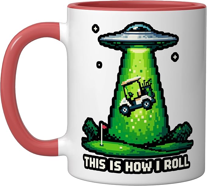 This Is How I Roll Golf UFO Abduction Funny Pixel Art Ceramic Mug, Red/White