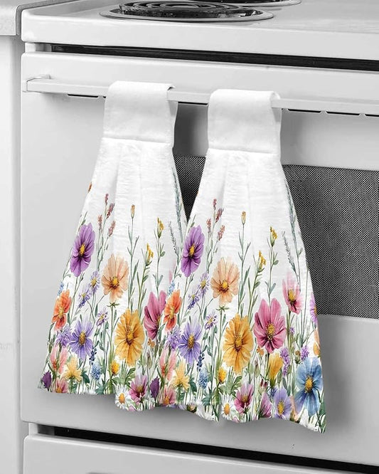 Alandar Home Kitchen Tie Towel Set of 2, Country Flower Leaf Watercolor Plant Absorbent Soft Hand Towels for Bathroom Hanging Towels, Wildflower Floral Fast Drying Cleaning Cloth with Loop