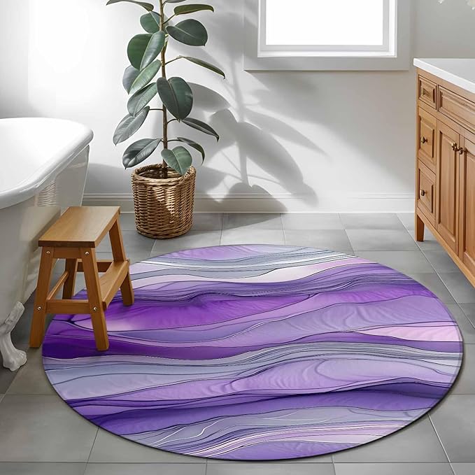 Washable Round Area Rug Abstract Art Purple Gray Wave Circle Rugs Floor Carpet for Living Room Bedroom, Vintage Marble Texture Soft Non Slip Round Rug 3ft